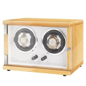CustomNew Vertical Double Watch Winders Box Wood Yellow with LED Light Hevea Brasiliensis