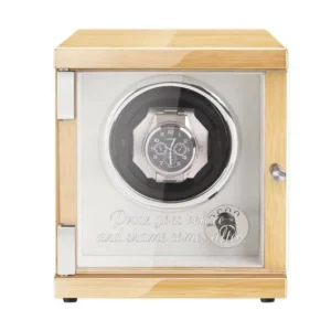 CustomNew Vertical Single Watch Winder Box Wood Yellow with LED Light Hevea Brasiliensis