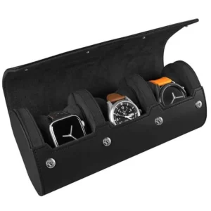 Black Leather Watch Roll Travel Case For 3 Watches