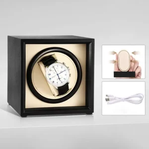 Single Watch Winder Box Leather Black with White Flannelet Interior