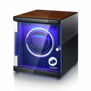 Single Watch Winder for Automatic Watches, Walnut Paint LED Watch Winder with Quiet Japanese Motor, Open The Cover and Stop, 5 Working Modes