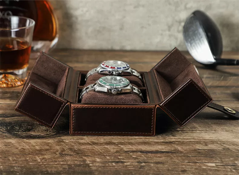 Handmade Portable Mechanical Watch Case With Brown Leather for 2 Watch